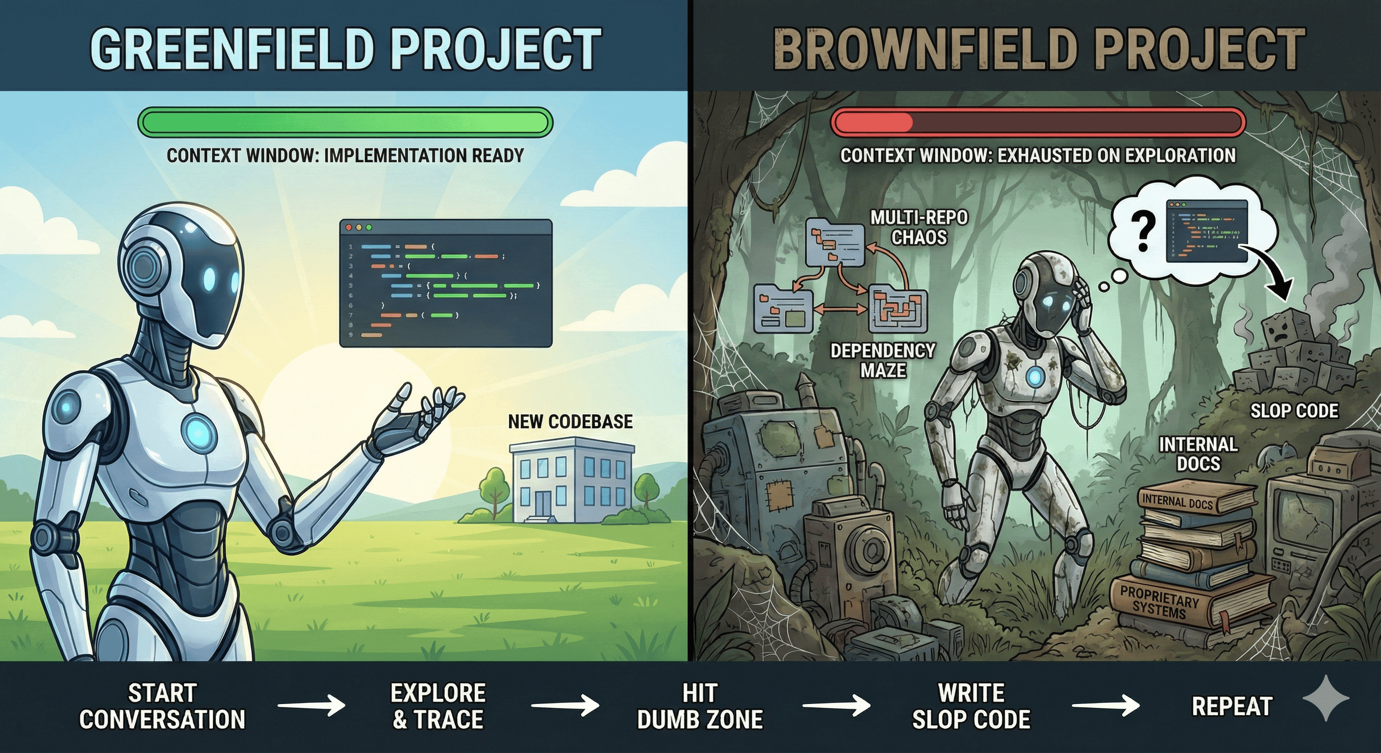 Greenfield vs Brownfield Project comparison showing AI agent challenges